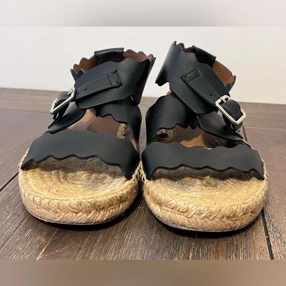 Chloe Lauren Scalloped Black Leather Espadrilles size 37 Women’s size 7 - Picture 3 of 13
